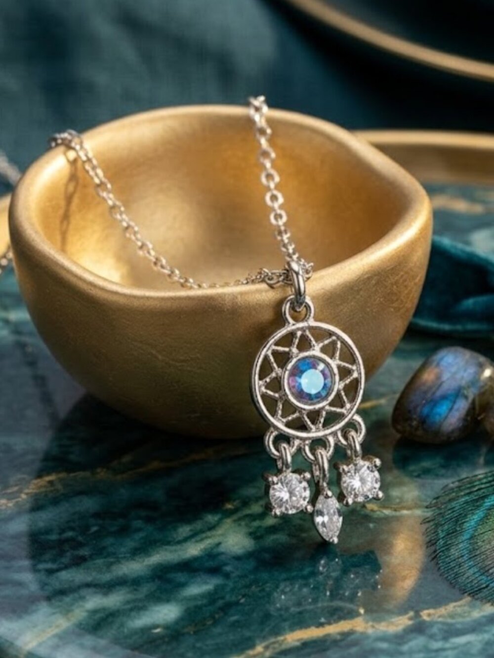 Silver Dreamcatcher Necklace Iridescent CZ Boho Whimsigoth Celestial 16.5"